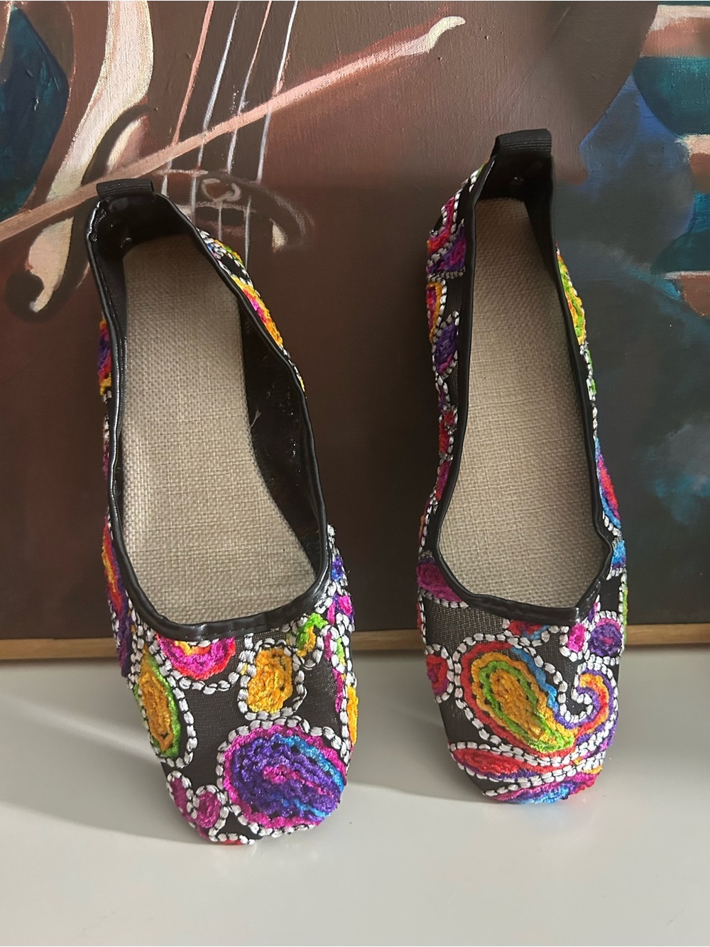 Multicolor Embroidered Paisley Ballet Flats Square Toe Size 40